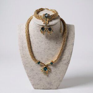 Blue Faceted Lucite Stud On Gold Tone set of  Necklace Earring and Bracelet